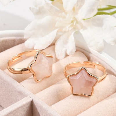 Star Natural Rose Quartz Adjustable Rings RJEW-H241-01G-02-1