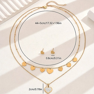 Elegant Vintage Stainless Steel Rhinestone Heart-shaped Stud Earrings & Double-layer Necklace Sets for Women AW6006-1