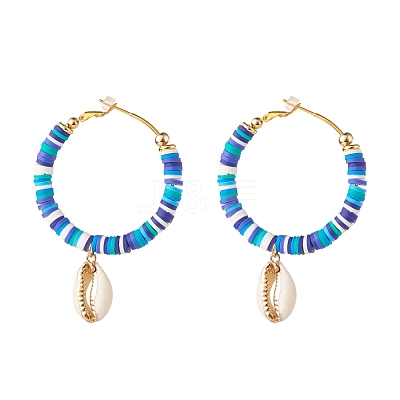 Big Ring with Cowrie Shell Dangle Huggie Hoop Earrings EJEW-JE04732-1