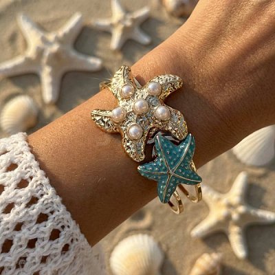Ocean Alloy Enamel Starfish Hinged Cuff Bangles for Women WG74D0D-02-1