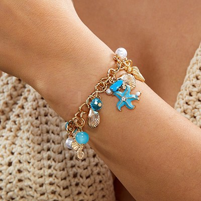 Ocean Alloy Enamel Starfish Shell Shape Multi Charm Round Plastic Beaded Stretch Bracelets for Women WG120C7-02-1