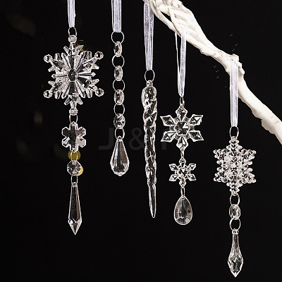 5Pcs Acrylic Transparent Icicle Snowflake Pendant Decorations HJEW-D003-01B-1