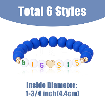 6Pcs 6 Color Word BIG SIS Acrylic & Polymer Clay & CCB Heart Beaded Stretch Bracelets Set BJEW-FI0001-53-1