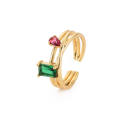 Teardrop Rectangle Glass Open Cuff Ring RJEW-S049-013G-1