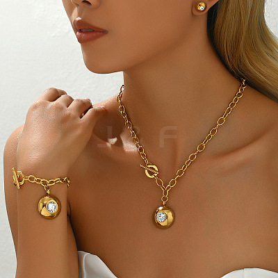 Brass Rhinestone Round Bracelets & Earrings & Pendant Necklaces Sets for Women FS-WG9AED4-04-1