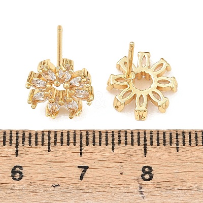 Flower Brass Micro Pave Clear Cubic Zirconia Stud Earrings EJEW-F400-01C-G-1