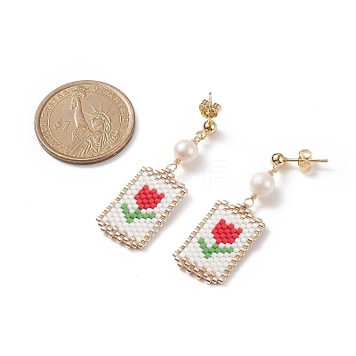 Natural Pearl with Glass Seed Flower of Life Dangle Stud Earrings EJEW-MZ00014-01-1