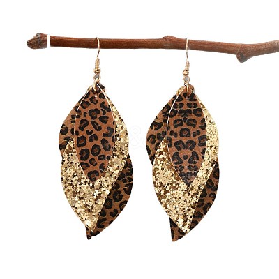Leaf with Leopard Print Alloy Imitation Leather Dangle Earrings FS-WG184A7-01-1