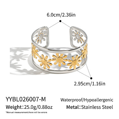 304 Stainless Steel Vintage Daisy Flower Hollow Open Cuff Bangles for Women HL3157-2-1