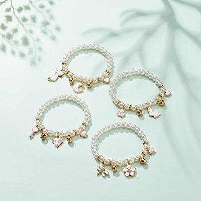 ABS Plastic Imitation Pearl Beaded Stretch Bracelet with Alloy Enamel Charms for Kids BJEW-JB08524-1