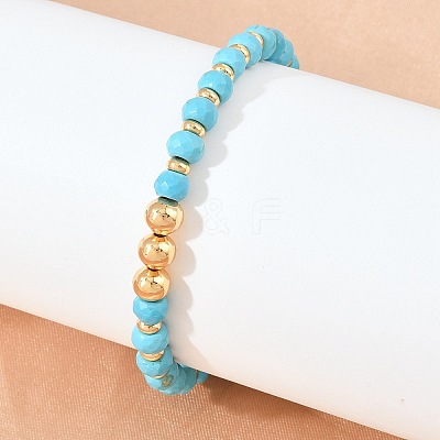 Faceted Round Synthetic Turquoise & Brass Beaded Bracelets KK-H299-02G-1