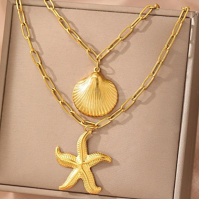 Bohemian Styles 304 Stainless Steel Starfish and Shell Shape Pendant Double Layer Necklaces for Women NJEW-F343-01G-1