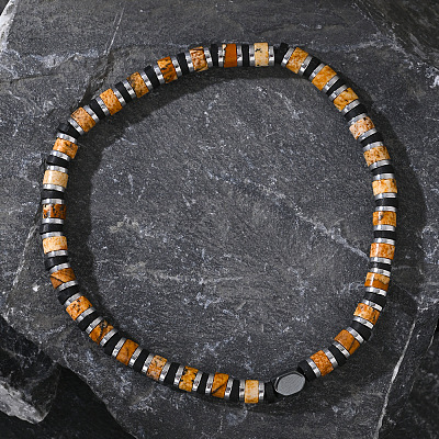 Natural Picture Jasper & Synthetic Non-magnetic Hematite Beads Stretch Bracelets for Men NY6374-1