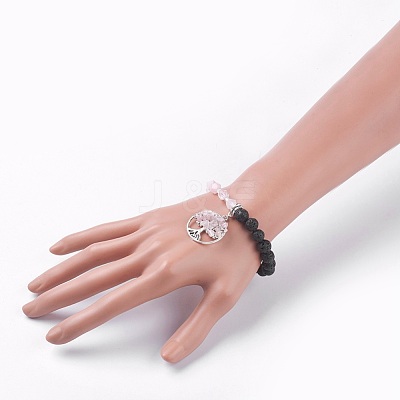 Natural Rose Quartz & Lava Rock Stretch Bracelets BJEW-JB03953-03-1