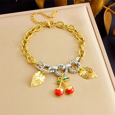 Duo Tone 304 Stainless Steel Enamel Red Cherry Leaf Charm Bracelets for Women SA-CBA717A-05G-1