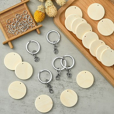 DIY Blank Flat Round Wooden Keychain Making Kits DIY-YW0008-89-1