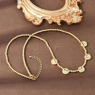 Brass Micro Pave Colorful Cubic Zirconia Smiling Face Round Beaded Bib Necklaces for Women NJEW-F364-07B-G-1