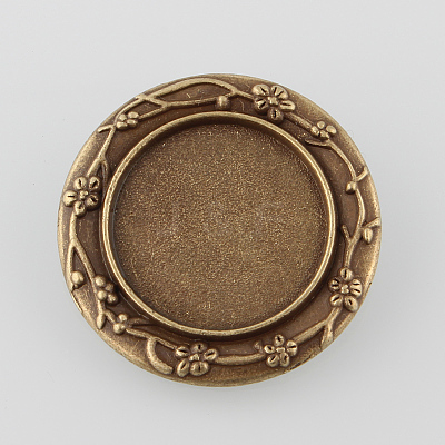 Vintage Alloy Carved Flower Brooch Cabochon Bezel Settings X-PALLOY-O038-18AB-NF-1