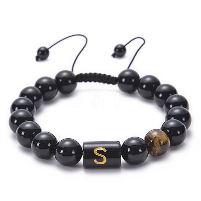 10MM Natural Black Onyx(Dyed & Heated) and Tiger Eye Alphabet Round Braided Bead Adjustable Bracelets for Women DM6424-19-1