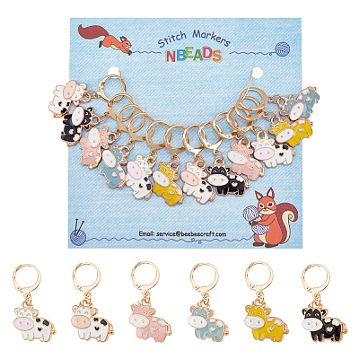 12Pcs 6 Colors Alloy Enamel Cow Charm Locking Stitch Markers HJEW-PH01533-1