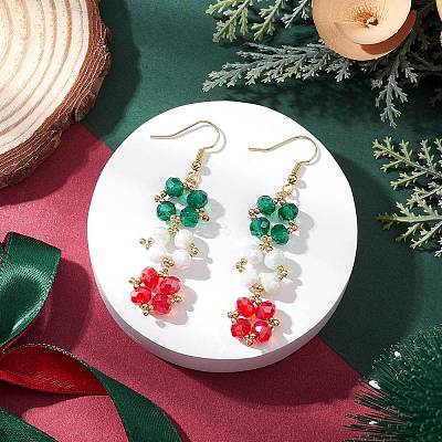 Christmas Brass Glass Square Dangle Earrings EJEW-TA00726-1