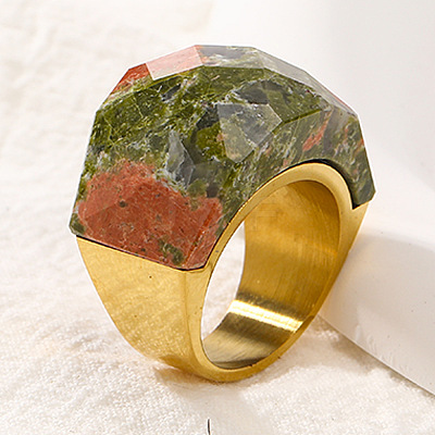 Fashionable 304 Stainless Steel & Natural Unakite Finger Rings FS-WG90577-37-1
