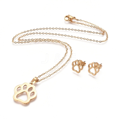 304 Stainless Steel Pendant Necklaces and Stud Earrings SJEW-E336-01G-1