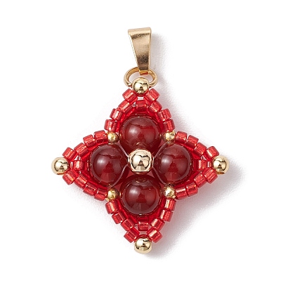 Natural Carnelian(Dyed & Heated) & Glass Seed Beaded Woven Pendants PALLOY-MZ00365-03-1