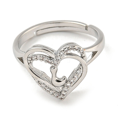 Heart with Letter Rack Plating Brass Micro Pave Clear Cubic Zirconia Adjustable Rings for Women RJEW-I105-01P-L-1