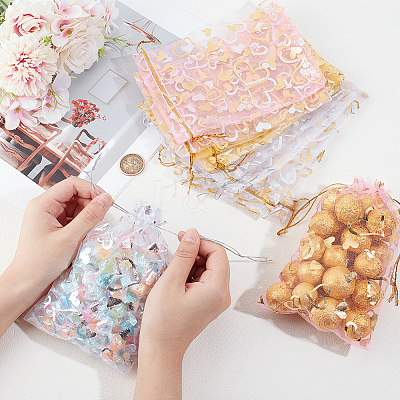 80Pcs 4 Colors Heart Printed Organza Bags OP-BBC0001-50B-1