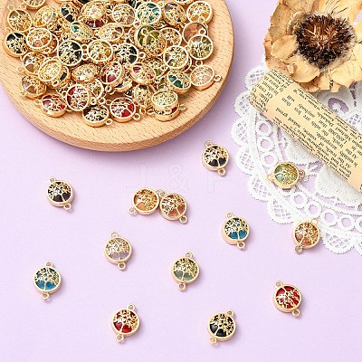 40Pcs 8 Colors Glass Flat Round with Tree of Life Links Connector Charms GLAA-YW0005-51-1