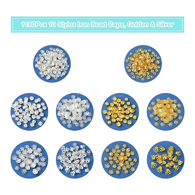 1180Pcs 10 Styles Iron Bead Caps IFIN-FS0001-45-1