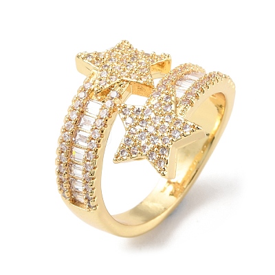 Clear Cubic Zirconia Double Star Open Cuff Rings RJEW-P089-02G-1