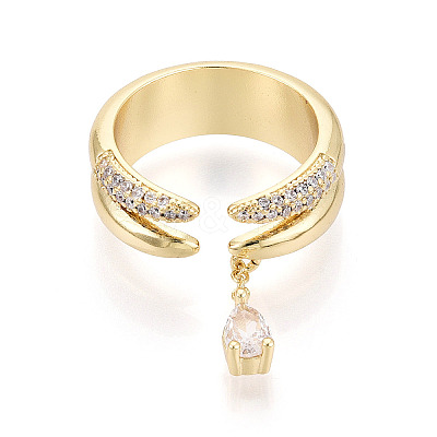 Brass Micro Pave Clear Cubic Zirconia with Teardrop Pendant Cuff Open Rings KK-T080-02G-1
