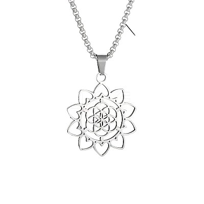 201 Stainless Steel Laser Cut Lotus Flower Pendant Necklaces FS-WG19C45-01-1