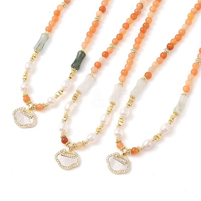 Natural Golden Silk Jade & Natural Quartz & Pearl Beaded Necklaces NJEW-L119-06G-1