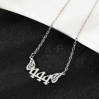 201 Stainless Steel Number 444 with Butterfly Wings Pendant Necklaces NJEW-P332-01B-P-1
