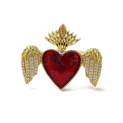 Sacred Heart with Wing Brass Micro Pave Cubic Zirconia Cuff Rings RJEW-H236-01G-03-1