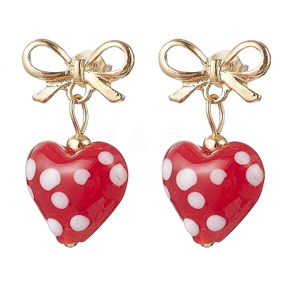 Heart with Bowknot Alloy Lampwork Dangle Stud Earrings EJEW-JE06793-1