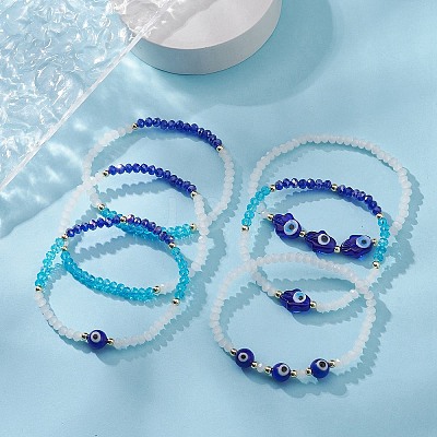 6Pcs 6 Style Glass & Lampwork Evil Eye & Hamsa Hand Beaded Stretch Bracelets Set BJEW-JB09415-1