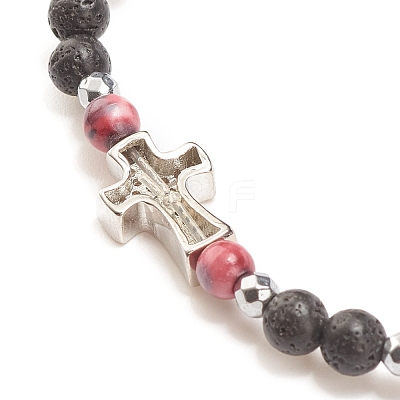 Natural & Synthetic Mixed Gemstone Beaded Stretch Bracelet with Clear Cubic Zirconia Cross for Women BJEW-JB08247-01-1