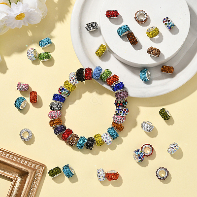 80Pcs Polymer Clay Rhinestone European Large Hole Beads with Silver Color Plated Brass Cores FPDL-LT0001-02F-1