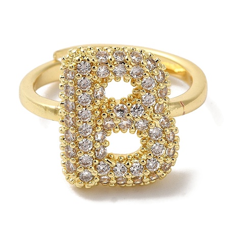 Rack Plating Letter Brass Micro Pave Clear Cubic Zirconia Adjustable Rings for Women KK-S391-03G-B-1