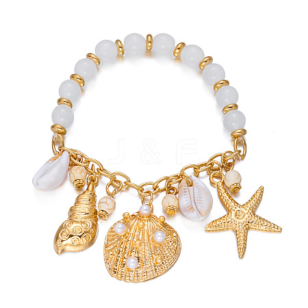 Ocean Alloy Enamel Starfish Shell Shape Multi Charm Round Plastic Beaded Stretch Bracelets for Women WG120C7-03-1