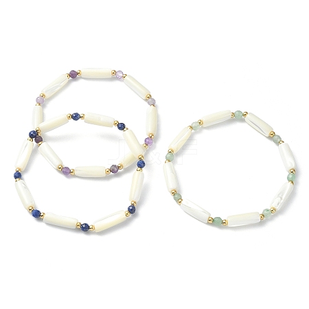 3Pcs 3 Style Natural Mixed Gemstone & White Shell Tube Beaded Stretch Bracelets Set BJEW-TA00430-1