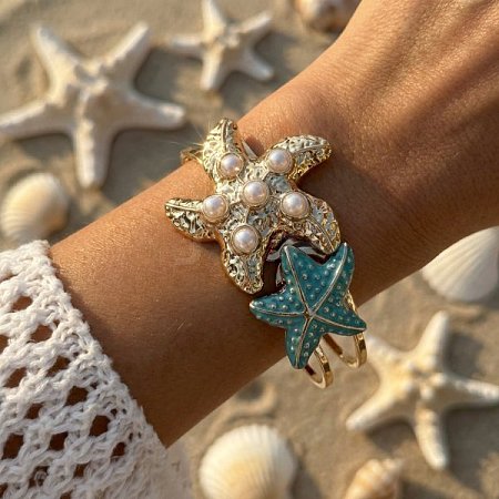 Ocean Alloy Enamel Starfish Hinged Cuff Bangles for Women WG74D0D-02-1