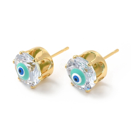 Flat Round Glass with Enamel Evil Eye Stud Earrings EJEW-P210-04G-09-1