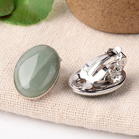 Natural Green Aventurine Oval Clip-on Earrings EJEW-J091-07-1