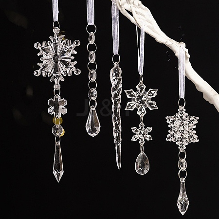5Pcs Acrylic Transparent Icicle Snowflake Pendant Decorations HJEW-D003-01B-1