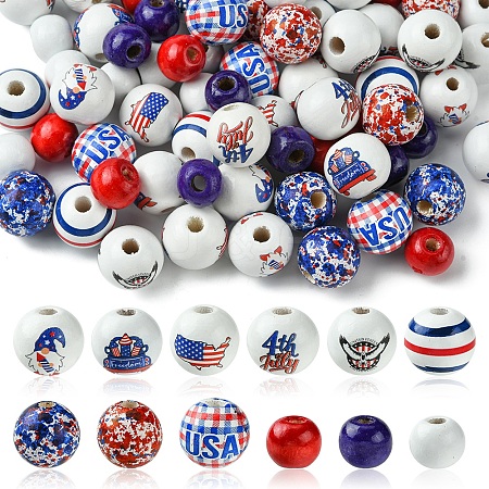 75Pcs 12 Styles Independence Day Theme Wood European Beads WOOD-FS0001-22-1